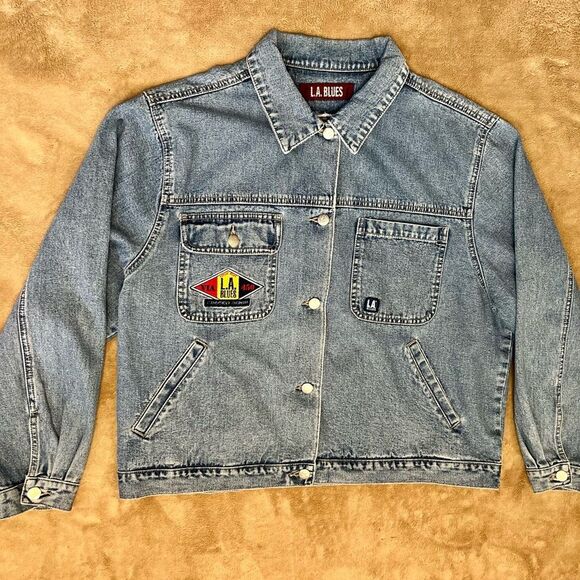 Y2K LA Blues Denim Jacket with Patches SZ XL - Picture 1 of 3